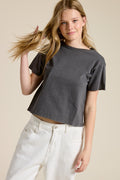 FORYERI Womens Raw Edge Crop Tee, Vintage Washed Cotton T Shirt, Grinding Detail Neck & Hem, Seamless Everyday Basic Top