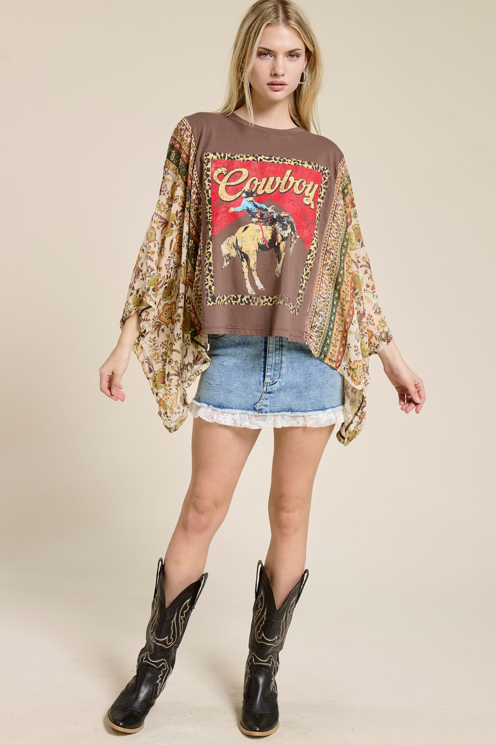 Women’s Cowboy Graphic Patchwork Sleeve Tee – Western Boho Oversized Kimono Style Top