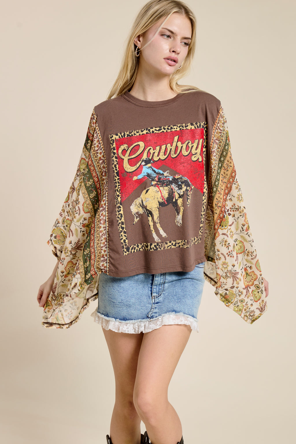 Women’s Cowboy Graphic Patchwork Sleeve Tee – Western Boho Oversized Kimono Style Top