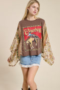 Women’s Cowboy Graphic Patchwork Sleeve Tee – Western Boho Oversized Kimono Style Top
