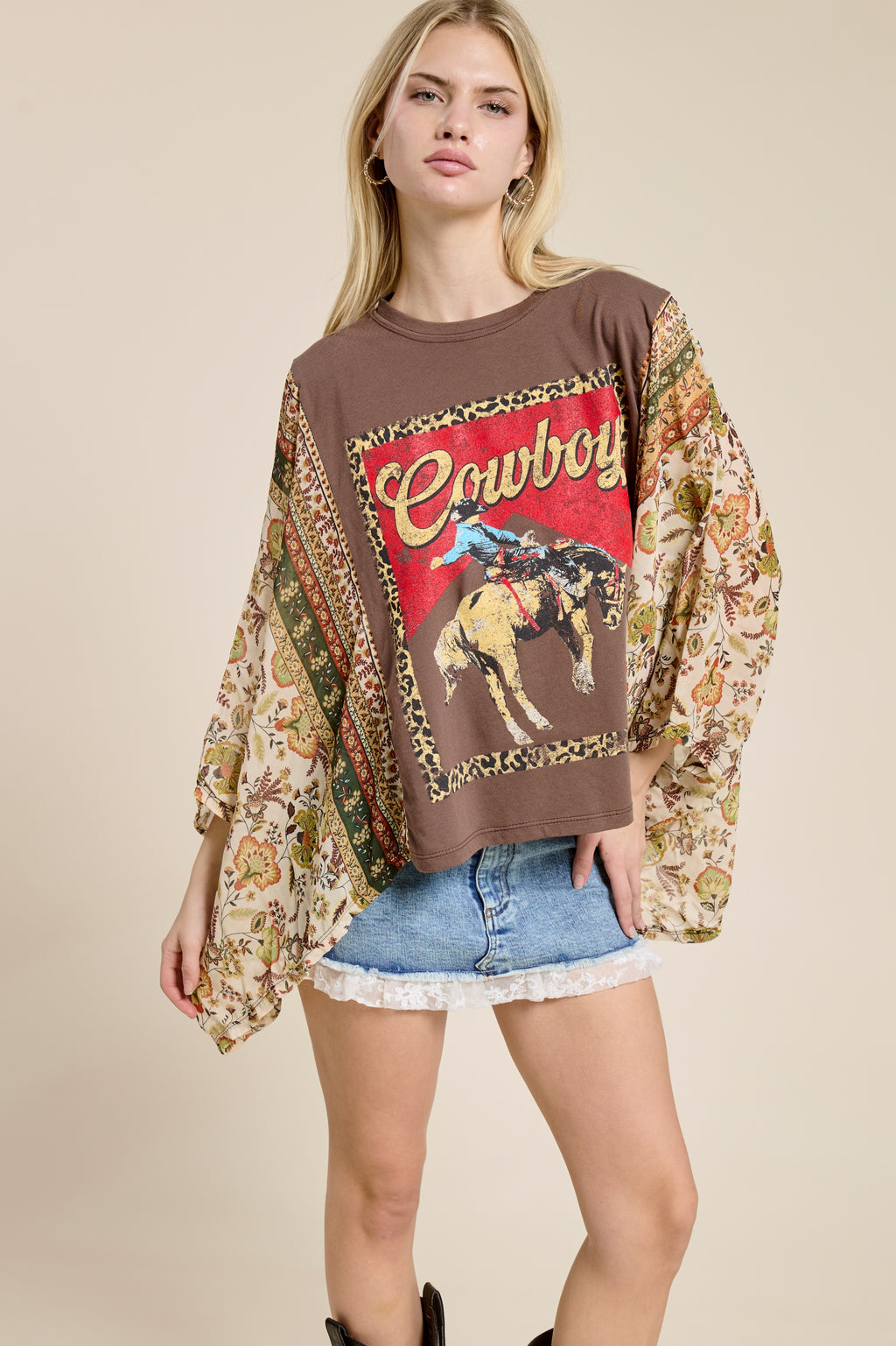 Women’s Cowboy Graphic Patchwork Sleeve Tee – Western Boho Oversized Kimono Style Top
