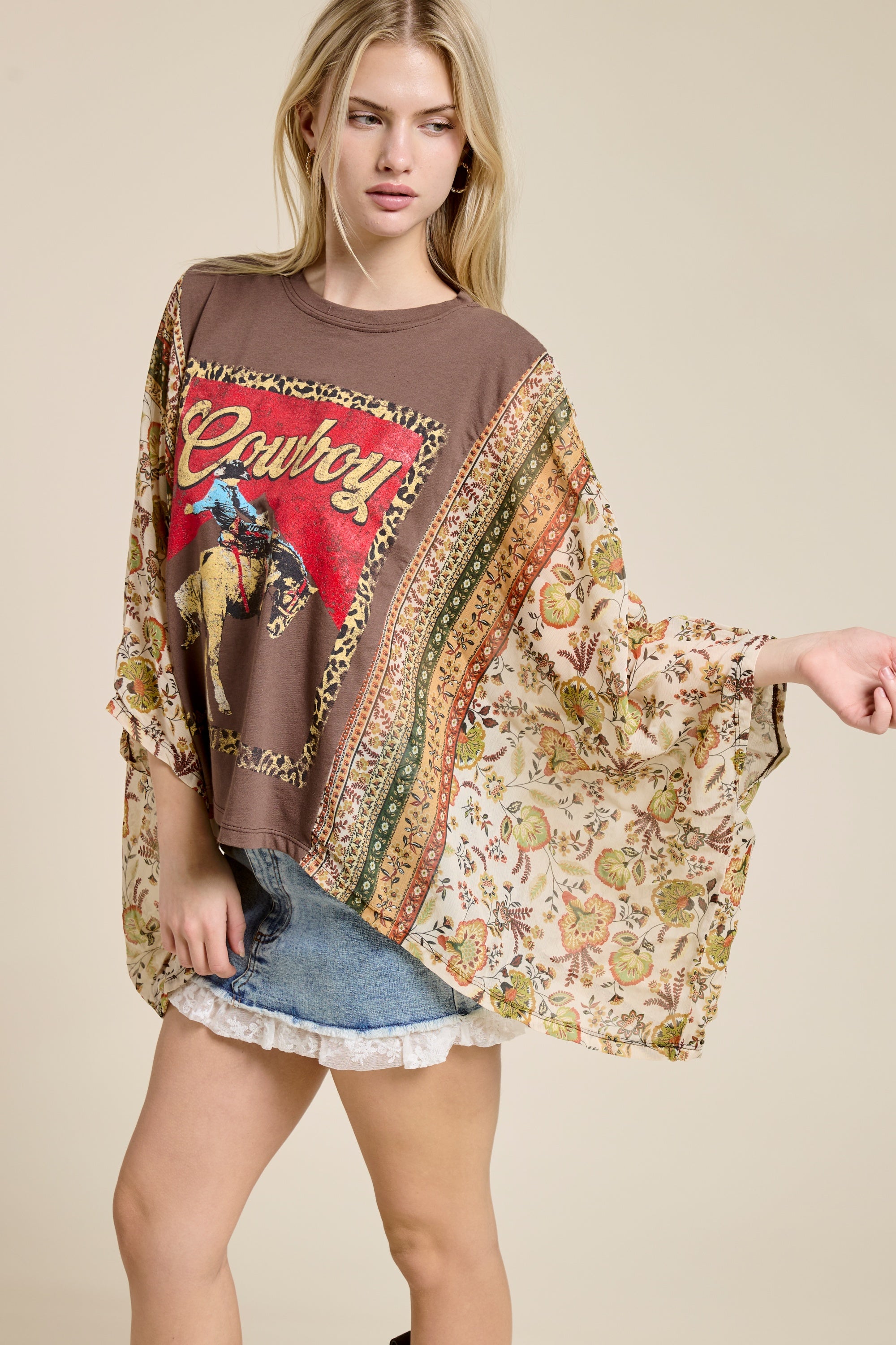 Women’s Cowboy Graphic Patchwork Sleeve Tee – Western Boho Oversized Kimono Style Top