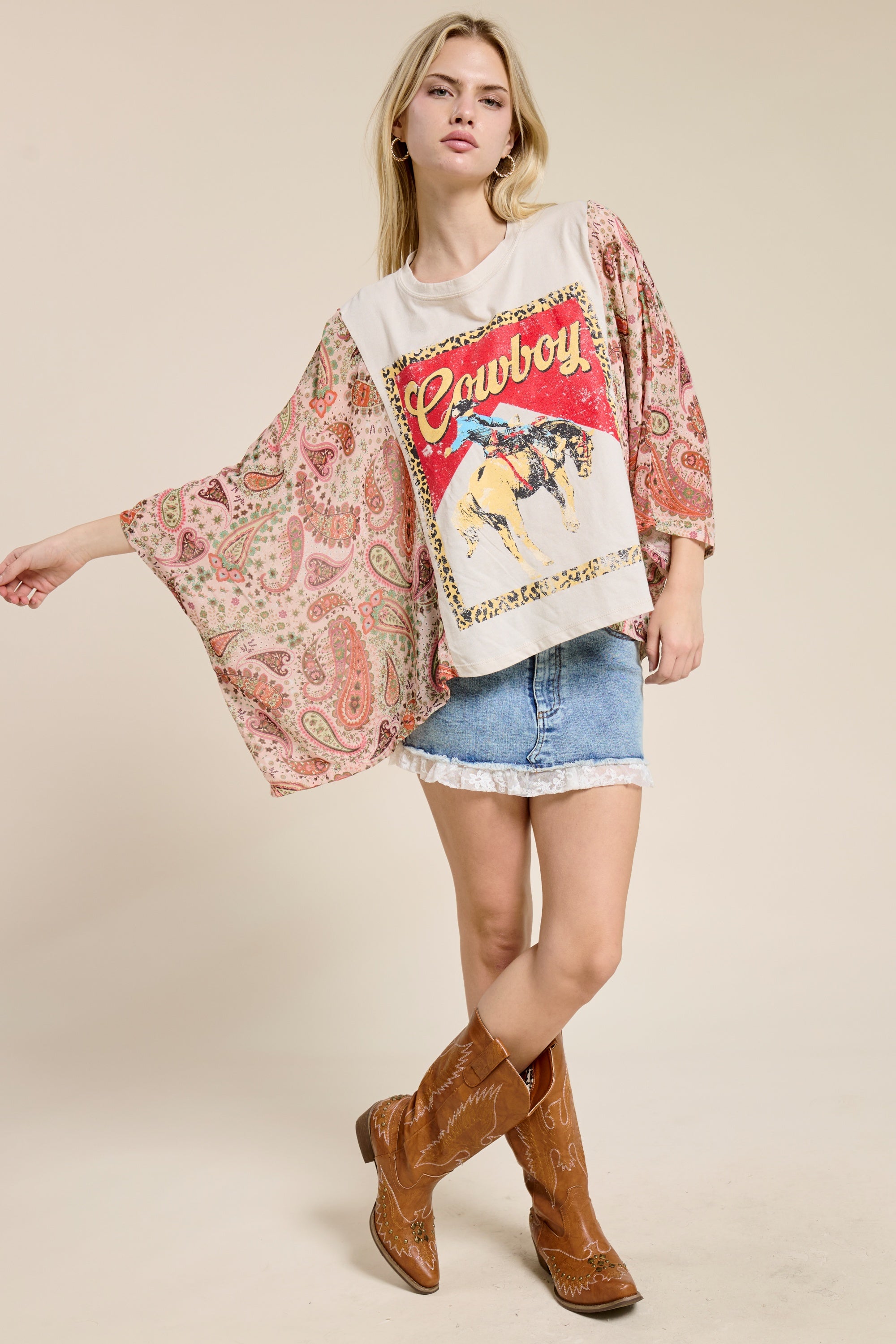 Women’s Cowboy Graphic Patchwork Sleeve Tee – Western Boho Oversized Kimono Style Top