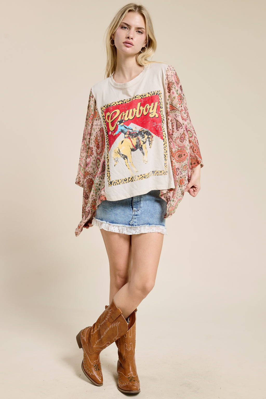 Women’s Cowboy Graphic Patchwork Sleeve Tee – Western Boho Oversized Kimono Style Top