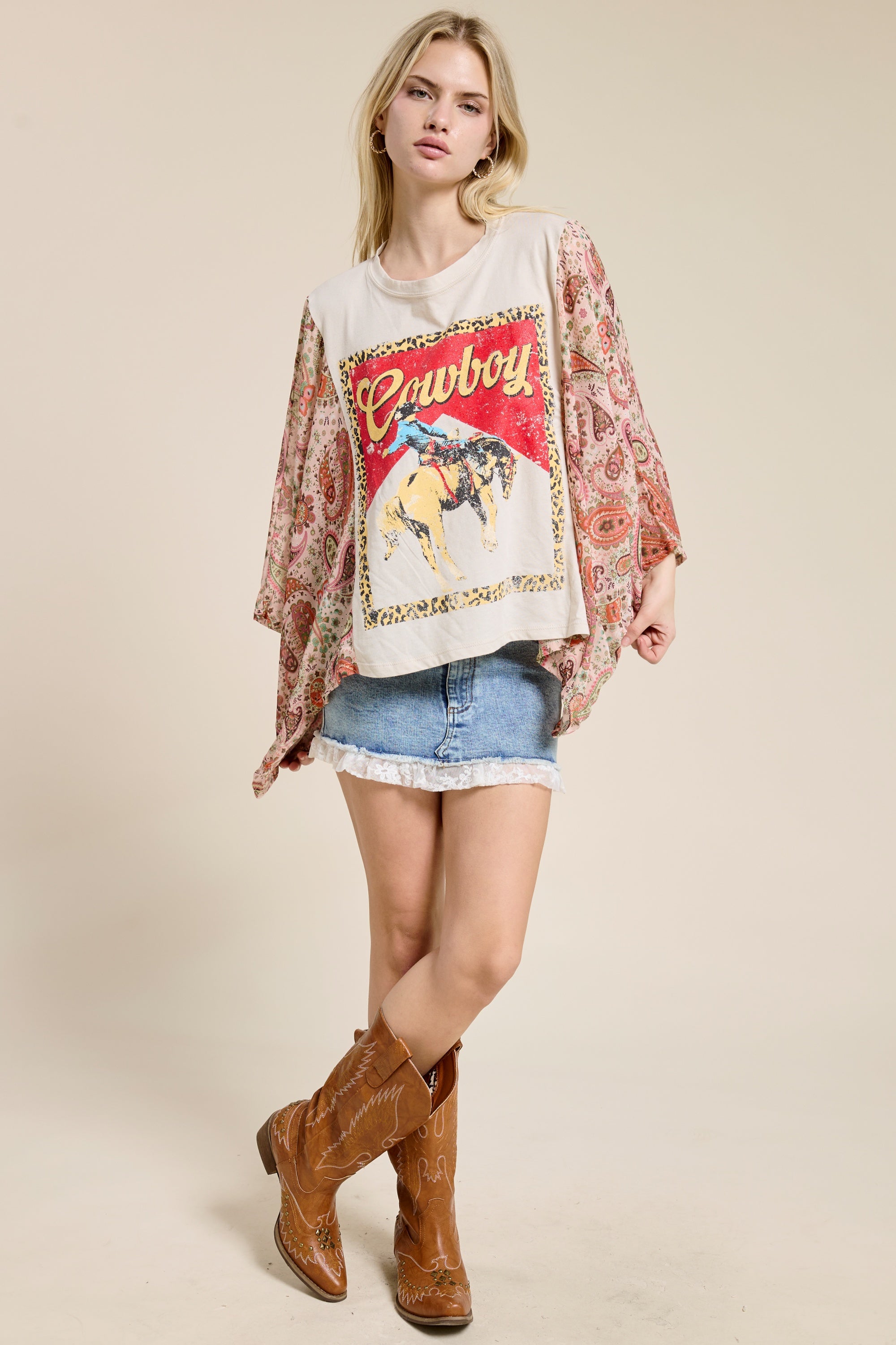 Women’s Cowboy Graphic Patchwork Sleeve Tee – Western Boho Oversized Kimono Style Top