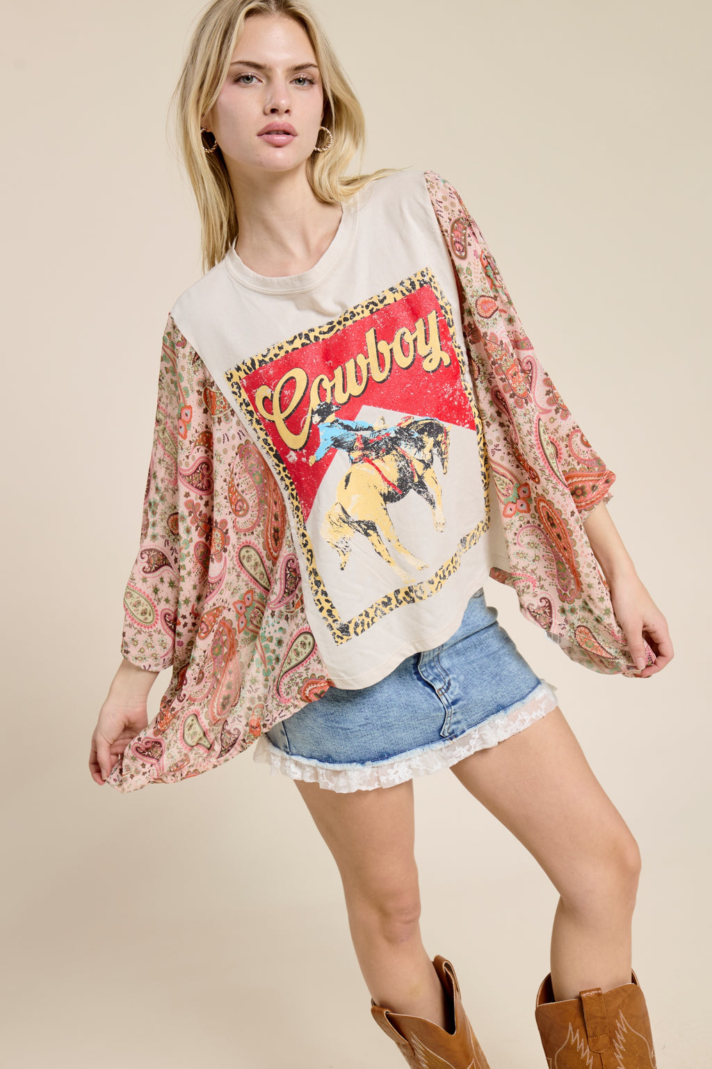 Women’s Cowboy Graphic Patchwork Sleeve Tee – Western Boho Oversized Kimono Style Top
