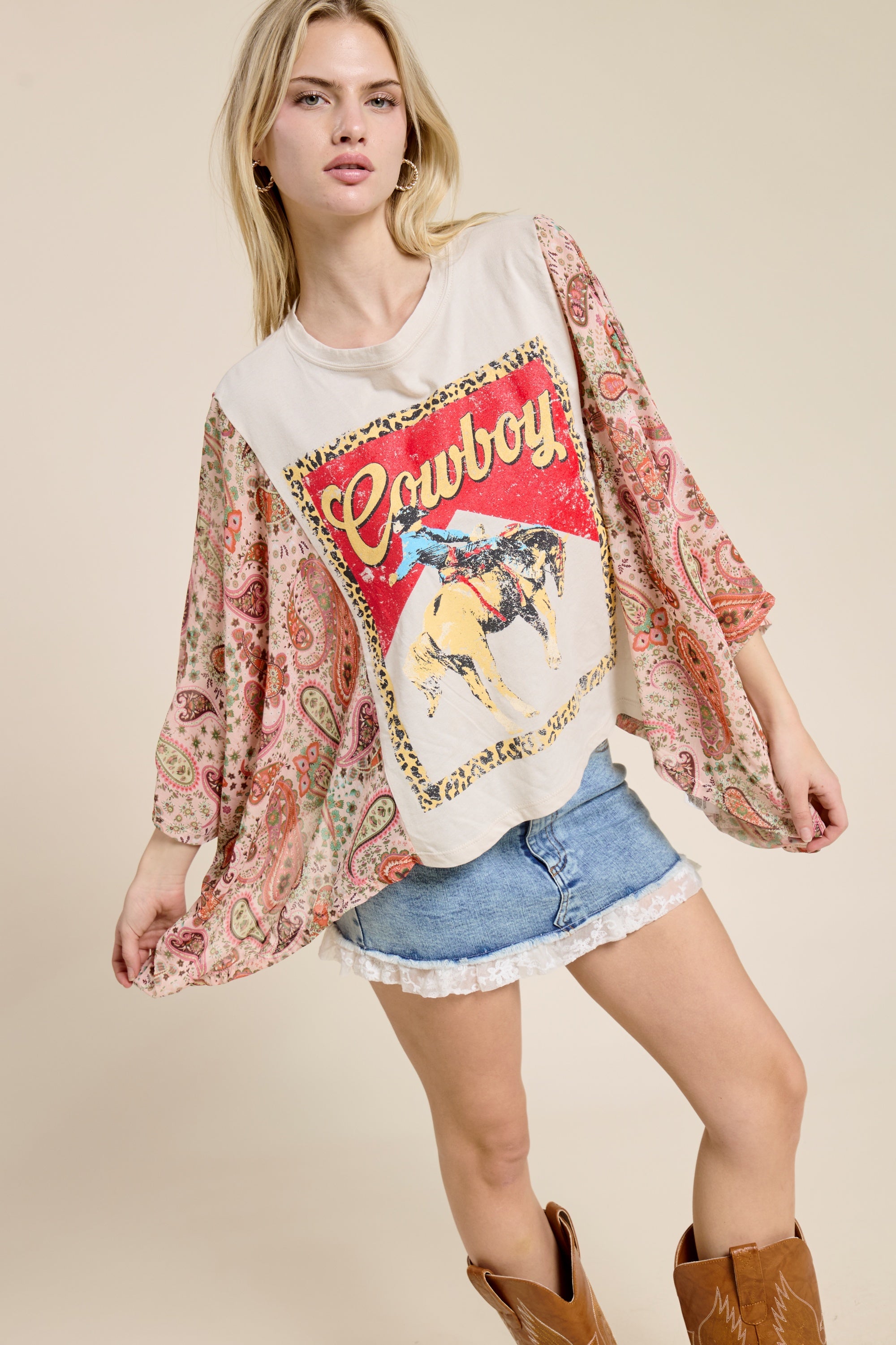 Women’s Cowboy Graphic Patchwork Sleeve Tee – Western Boho Oversized Kimono Style Top
