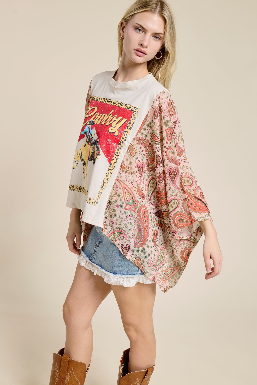 Women’s Cowboy Graphic Patchwork Sleeve Tee – Western Boho Oversized Kimono Style Top