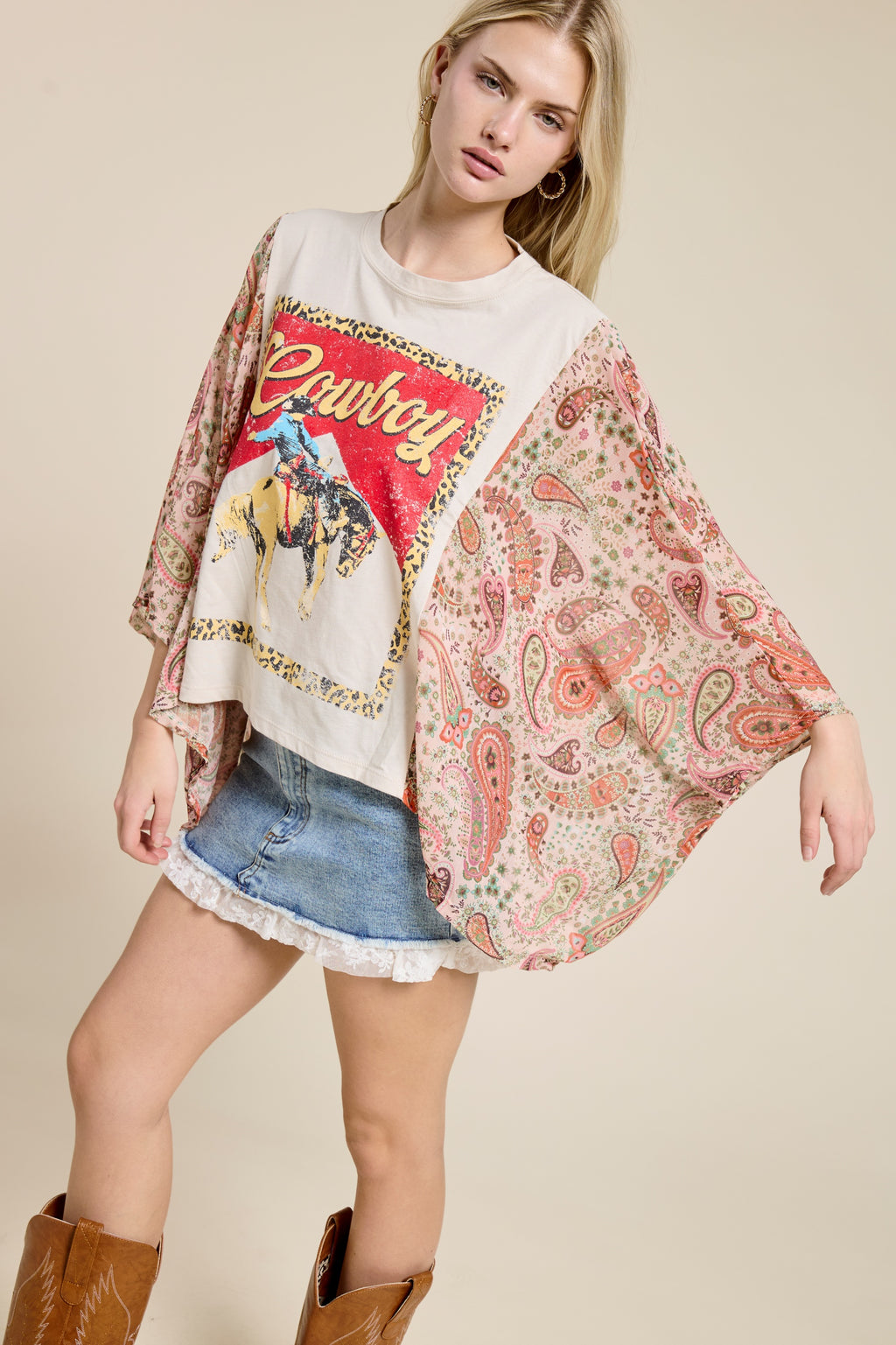 Women’s Cowboy Graphic Patchwork Sleeve Tee – Western Boho Oversized Kimono Style Top