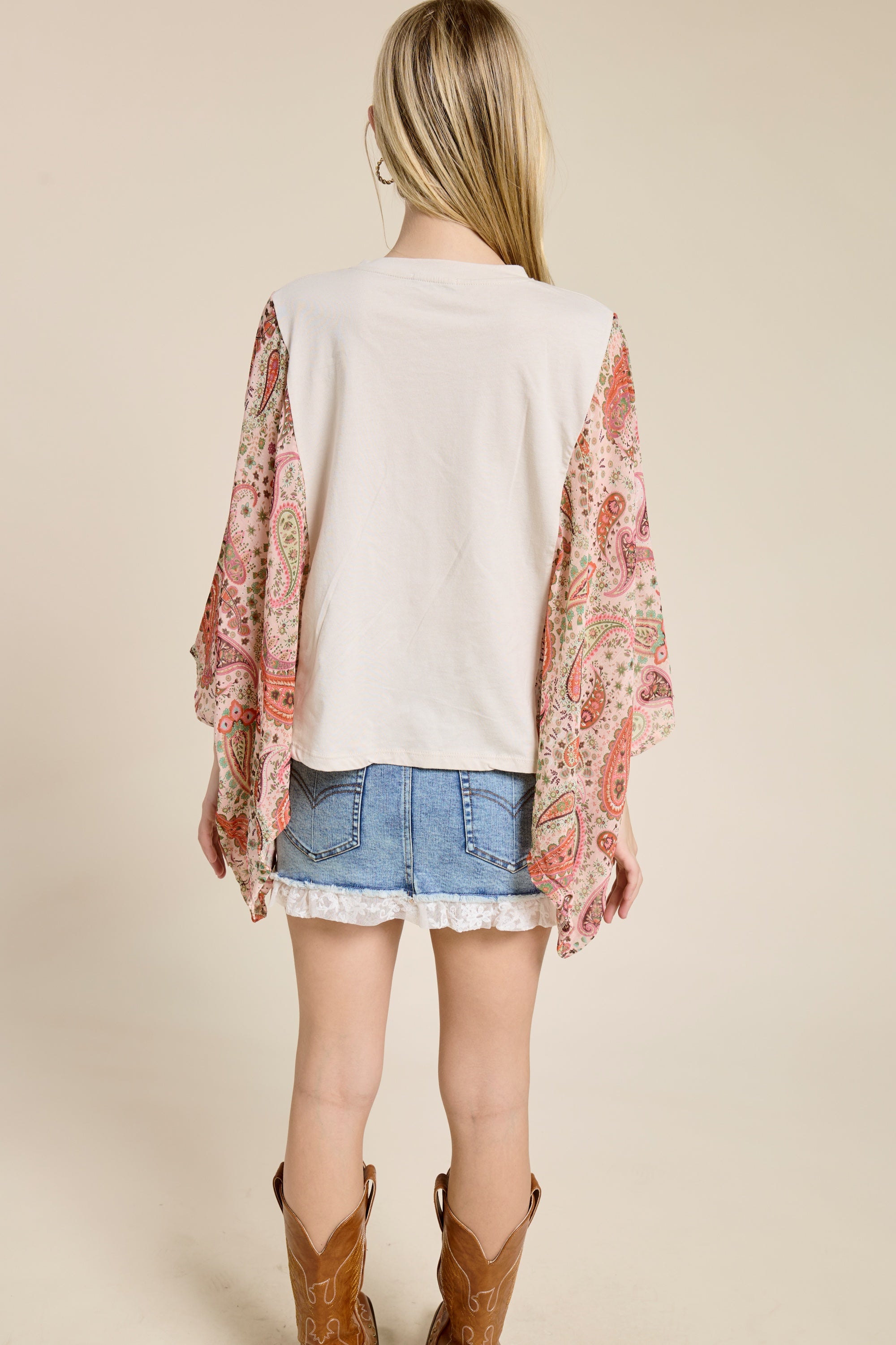 Women’s Cowboy Graphic Patchwork Sleeve Tee – Western Boho Oversized Kimono Style Top