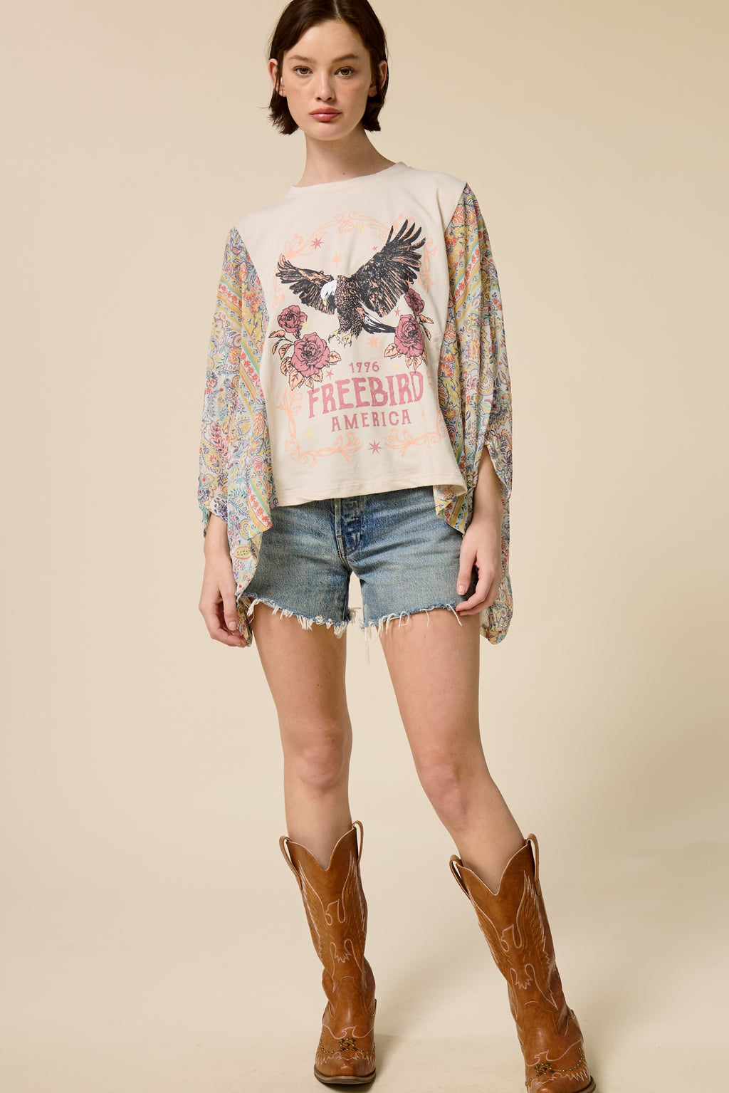 Boho Western Graphic Kimono Sleeve Top – Vintage Oversized Statement Tee