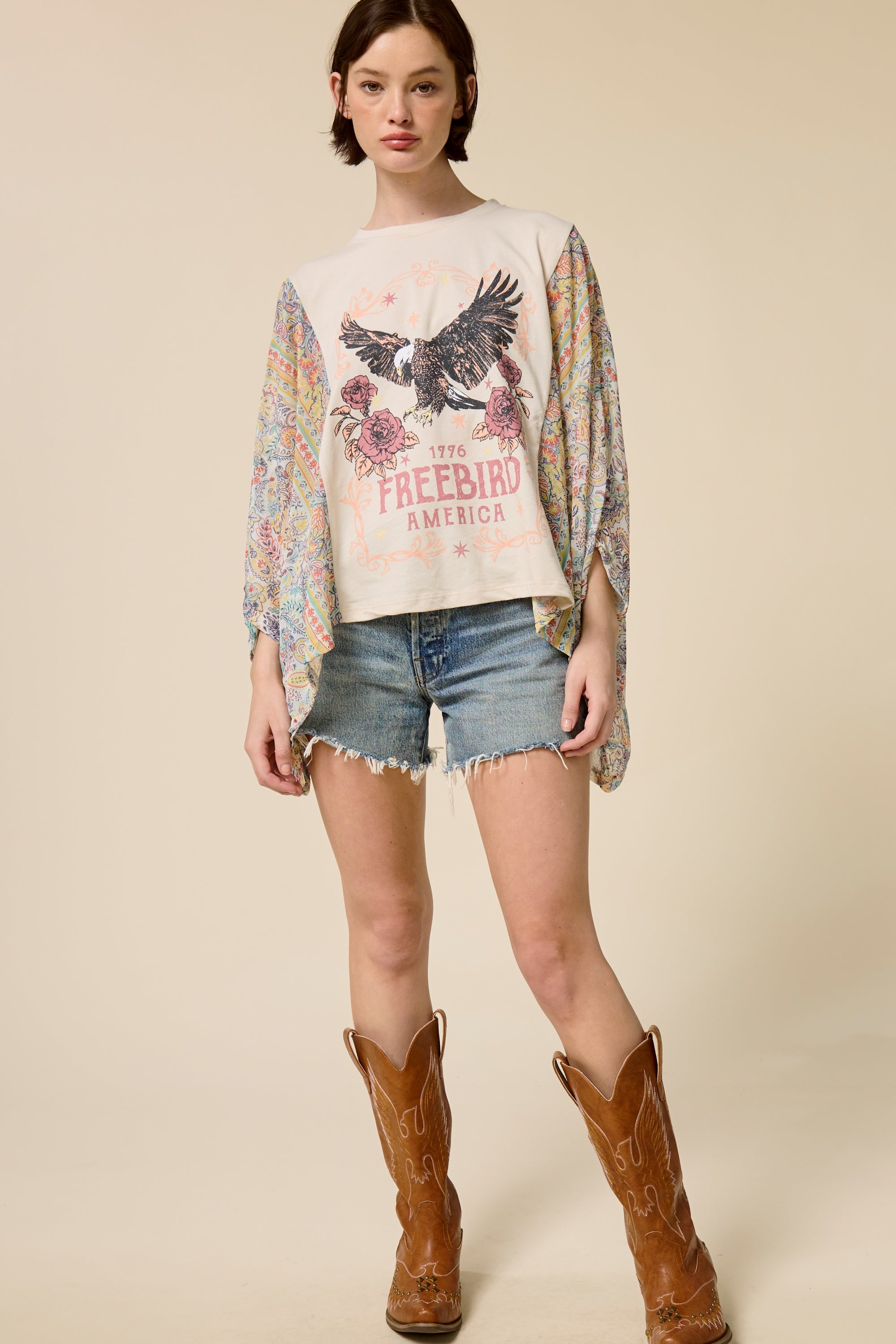 Boho Western Graphic Kimono Sleeve Top – Vintage Oversized Statement Tee
