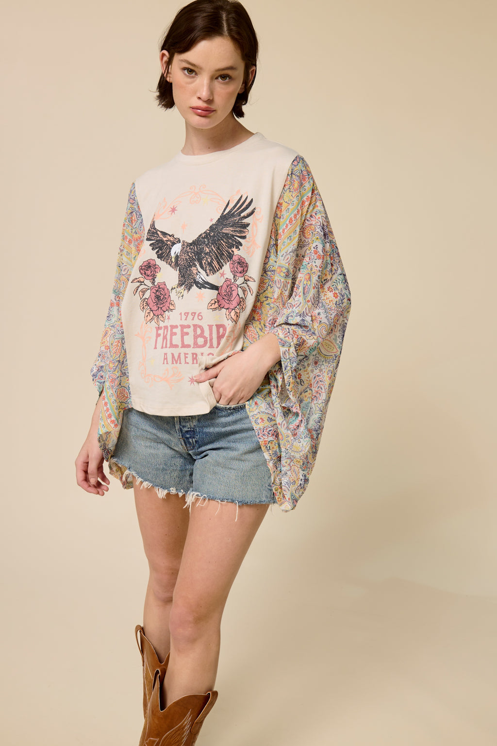 Boho Western Graphic Kimono Sleeve Top – Vintage Oversized Statement Tee