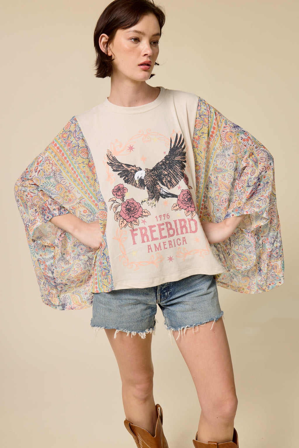 Boho Western Graphic Kimono Sleeve Top – Vintage Oversized Statement Tee
