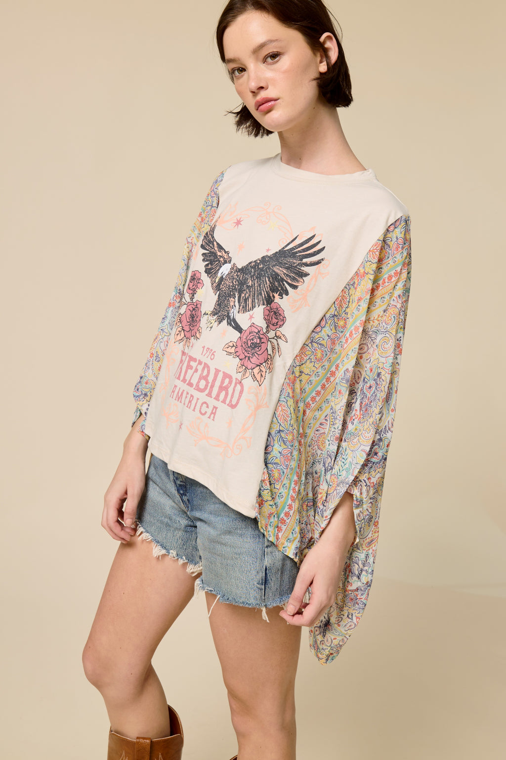 Boho Western Graphic Kimono Sleeve Top – Vintage Oversized Statement Tee
