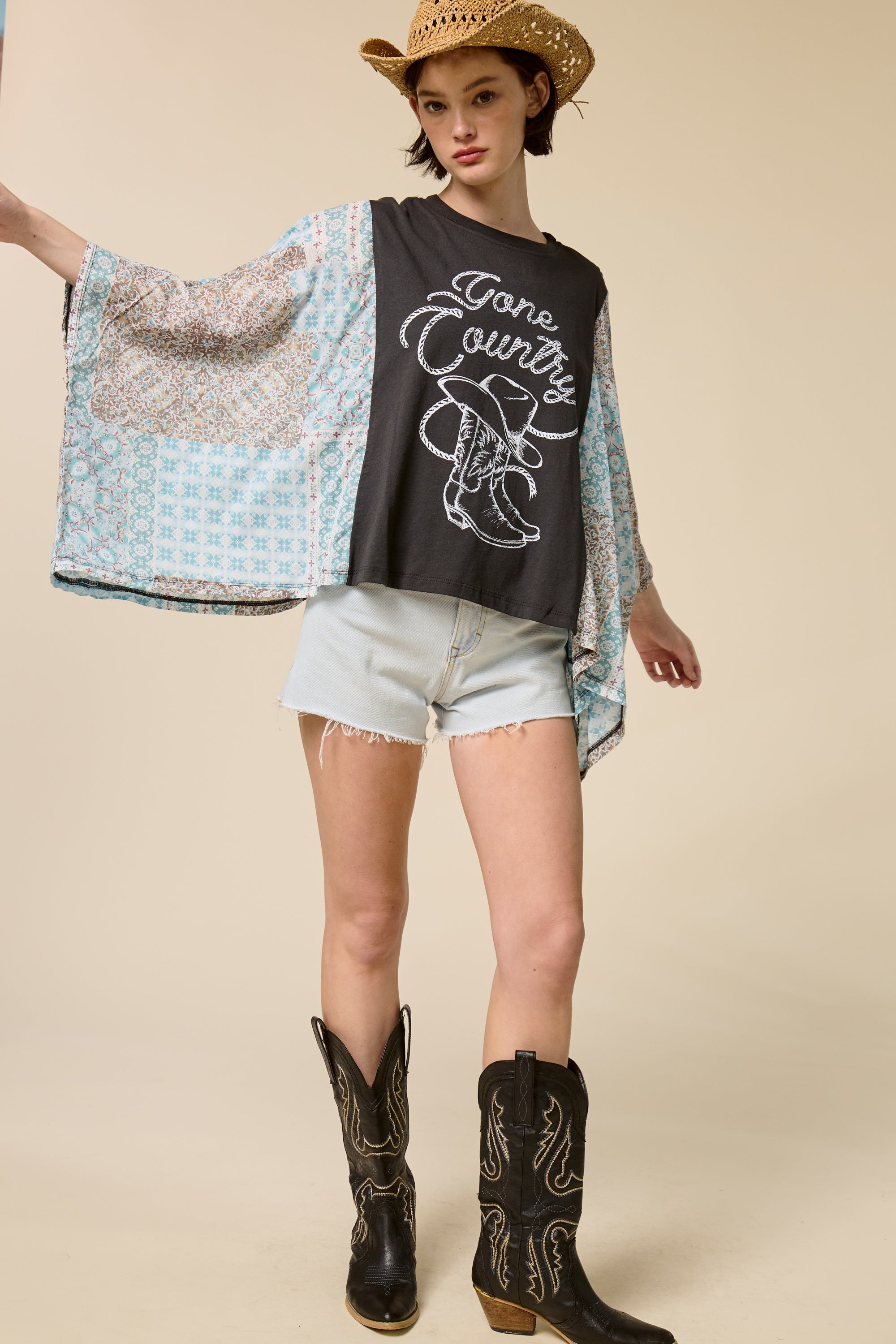 Women’s Western Graphic Patchwork Sleeve Tee – Boho Kimono Style Oversized Top