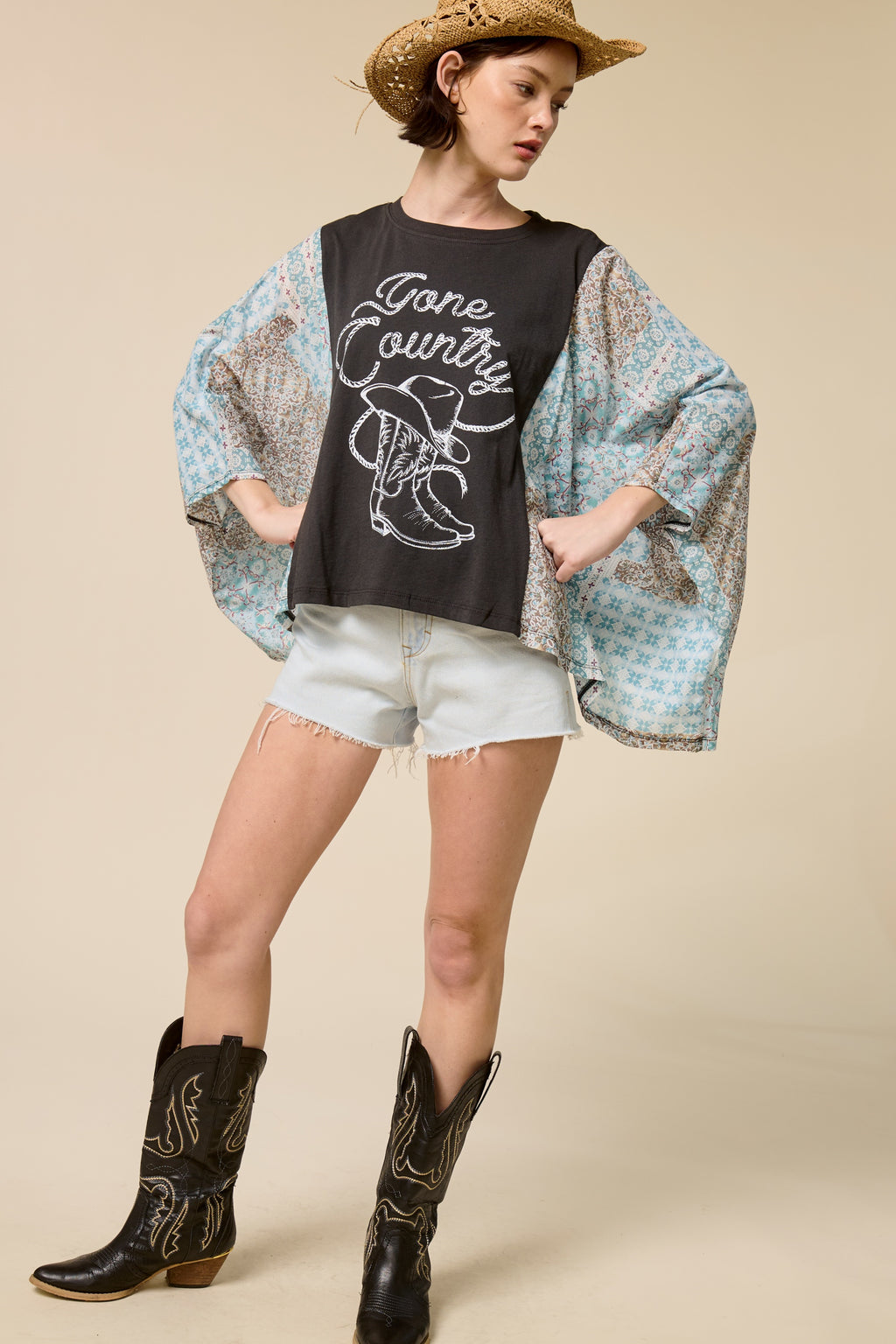 Women’s Western Graphic Patchwork Sleeve Tee – Boho Kimono Style Oversized Top