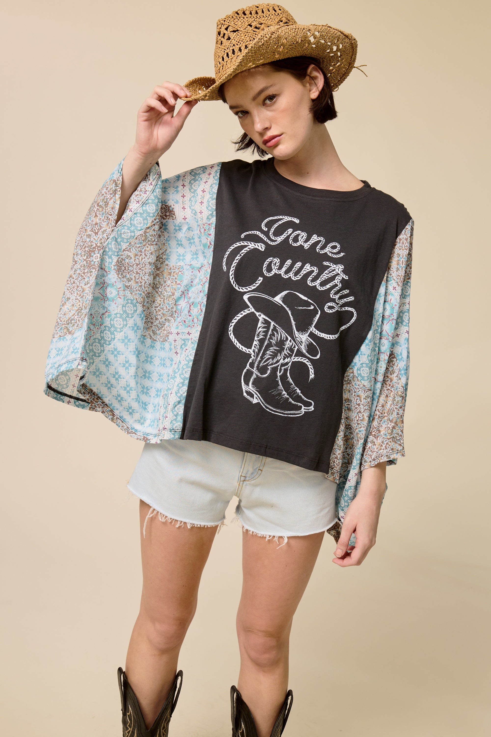 Women’s Western Graphic Patchwork Sleeve Tee – Boho Kimono Style Oversized Top