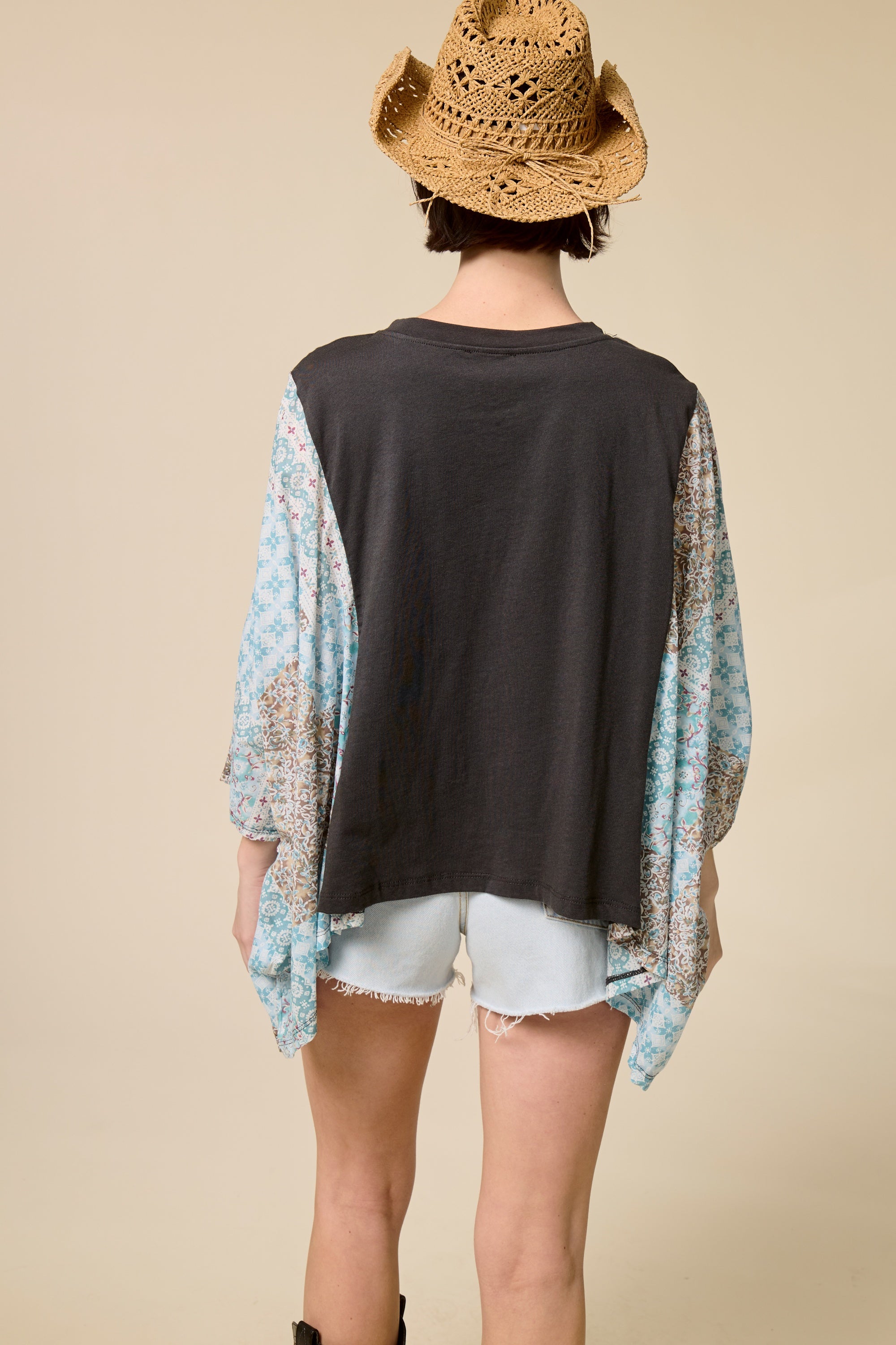 Women’s Western Graphic Patchwork Sleeve Tee – Boho Kimono Style Oversized Top