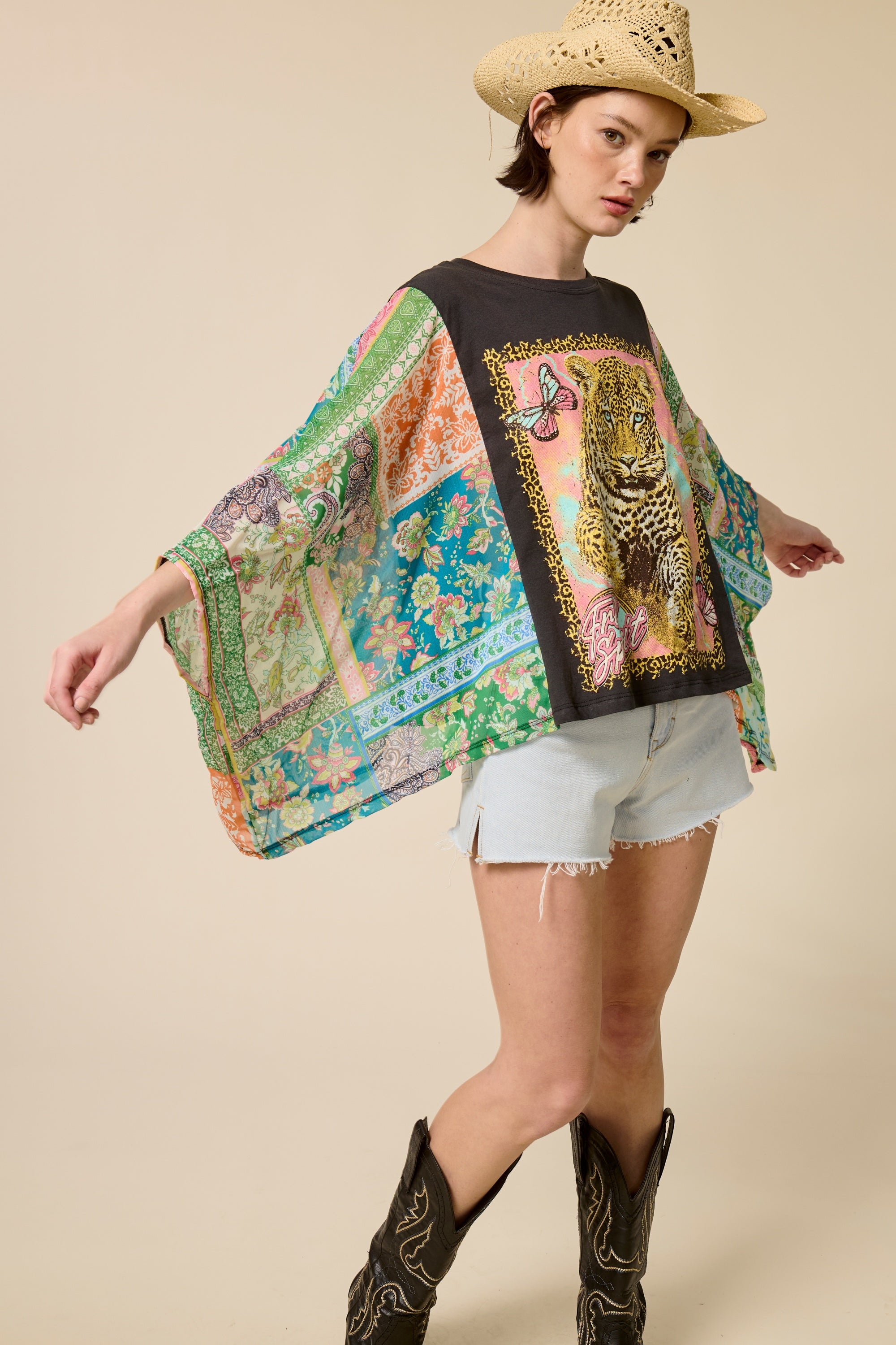 Boho Western Graphic Kimono Sleeve Top – Vintage Oversized Statement Tee
