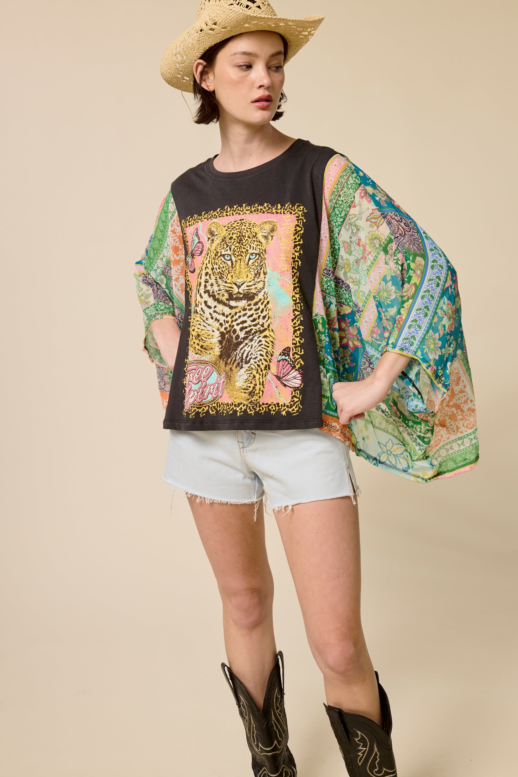 Boho Western Graphic Kimono Sleeve Top – Vintage Oversized Statement Tee