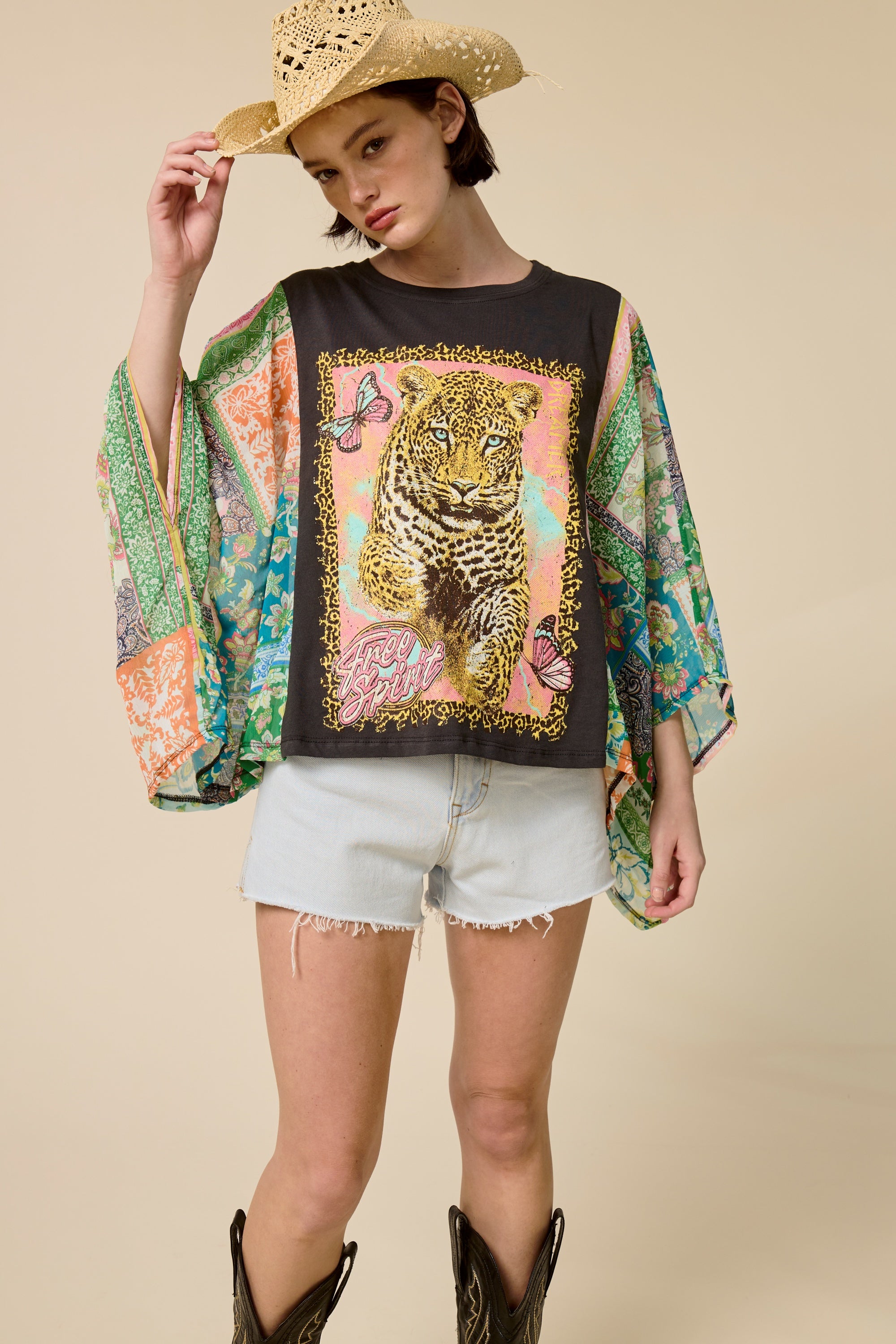 Boho Western Graphic Kimono Sleeve Top – Vintage Oversized Statement Tee