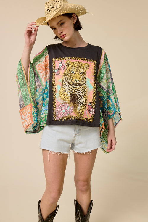 Boho Western Graphic Kimono Sleeve Top – Vintage Oversized Statement Tee