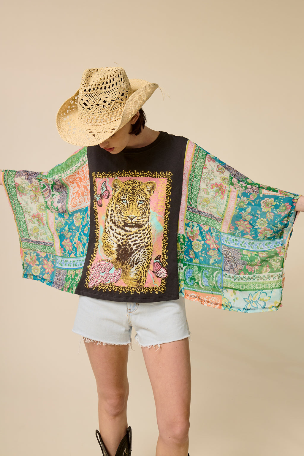 Boho Western Graphic Kimono Sleeve Top – Vintage Oversized Statement Tee